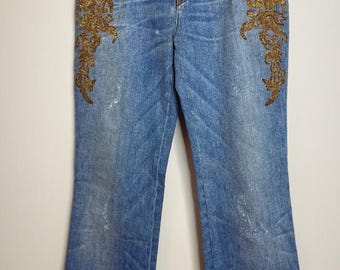 Vintage Roberto Cavalli Gold Embroidered Wide Leg Jeans 2000’s Size 44 (US11 )