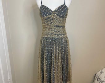 NWT Vintage Y2K Betsey Johnson Gold Mesh Blue Iridescent Metallic Midi Dress 10