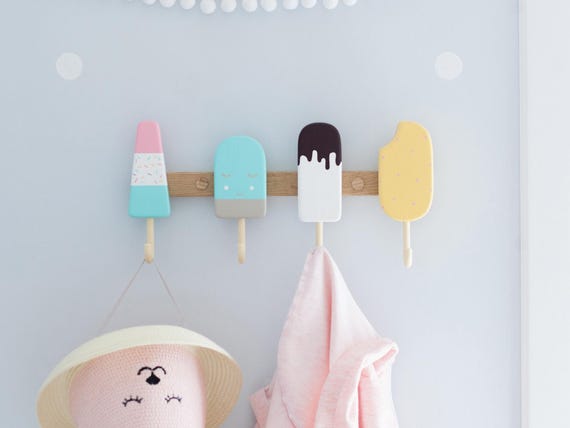 Kids Coat Rack with Decorative Ice Cream Hooks – Nursery Wall Hooks, Children Wall Pegs, Kids Clothes Hanger & Towel Rack