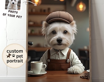 Custom Barista Coffee Maker Coffee Shop Worker Pet Portrait from Photo, Dog Wall Art, Gift for Dog Lover, Original Pet Poster