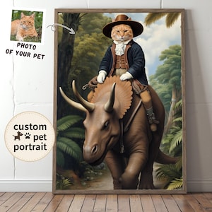 Cat Riding A Dinosaur Custom Portrait from Photo, Cat or Dog Wall Art, Gift for Cat Lover, Original Pet Poster