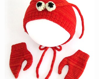 Lobster Hat & Mittens Set for Babies, Handmade Gift -  Lambswool Costume