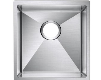 May include: A stainless steel kitchen sink with a satin brush finish. The sink is 15 inches by 18 inches and has a 7 inch depth. The minimum cabinet size required is 18 inches.