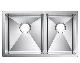 May include: A double-bowl stainless steel kitchen sink with a satin brush finish. The sink is 32 inches wide by 18 inches deep and has a 9-inch depth. The minimum cabinet size required for installation is 33 inches.