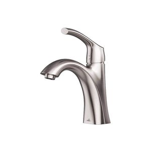 May include: A single-handle bathroom faucet in a brushed nickel finish. The faucet has a curved spout and a lever handle.
