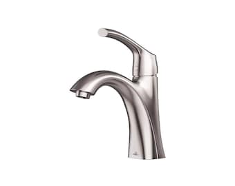 Puede incluir: Un grifo de baño de una sola manija en acabado níquel cepillado. El grifo tiene un caño curvo y una manija de palanca.