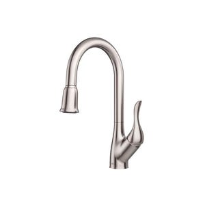 May include: A single-handle kitchen faucet with a high arc spout and a pull-down sprayer. The faucet is made of stainless steel and has a brushed nickel finish.