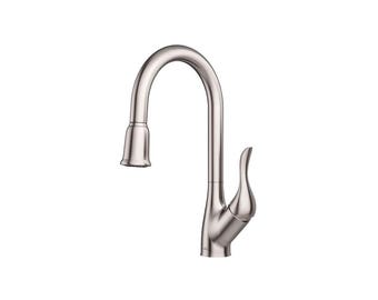 Puede incluir: Un grifo de cocina de una sola manija con un caño de arco alto y un pulverizador extraíble. El grifo está hecho de acero inoxidable y tiene un acabado en níquel cepillado.