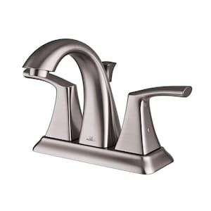 May include: A brushed nickel bathroom faucet with two handles and a curved spout. The faucet is labeled "Delta".
