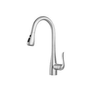 May include: A brushed nickel kitchen faucet with a pull-down sprayer and a single lever handle.
