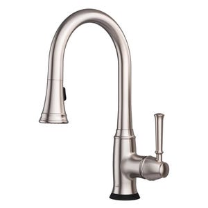 May include: A brushed nickel kitchen faucet with a pull-down sprayer and a single lever handle.