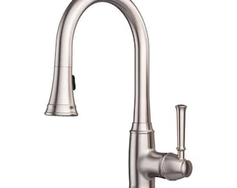 May include: A brushed nickel kitchen faucet with a pull-down sprayer and a single lever handle.