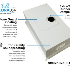Puede incluir: Un fregadero de cocina blanco con caracter&iacute;sticas de insonorizaci&oacute;n. El fregadero tiene un revestimiento de protecci&oacute;n de piedra, almohadillas de amortiguaci&oacute;n de goma extra gruesas y aislamiento ac&uacute;stico. El texto "SOUND INSULATION" est&aacute; impreso debajo del fregadero. El texto "A Quiet Kitchen Sink" est&aacute; impreso debajo del texto "SOUND INSULATION".