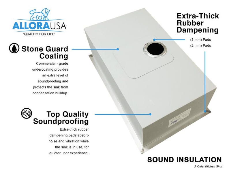 Puede incluir: Un fregadero de cocina blanco con caracter&iacute;sticas de insonorizaci&oacute;n. El fregadero tiene un revestimiento de protecci&oacute;n de piedra, almohadillas de amortiguaci&oacute;n de goma extra gruesas y aislamiento ac&uacute;stico. El texto "SOUND INSULATION" est&aacute; impreso debajo del fregadero. El texto "A Quiet Kitchen Sink" est&aacute; impreso debajo del texto "SOUND INSULATION".