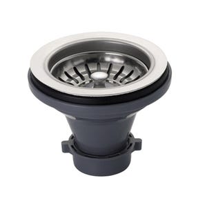 Puede incluir: Un colador de fregadero de acero inoxidable con un anillo de pl&aacute;stico blanco y una base de pl&aacute;stico gris. El colador tiene un peque&ntilde;o bot&oacute;n en el centro.