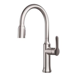May include: A brushed nickel kitchen faucet with a pull-down sprayer and a single lever handle.