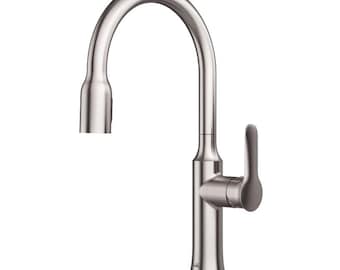 May include: A brushed nickel kitchen faucet with a pull-down sprayer and a single lever handle.