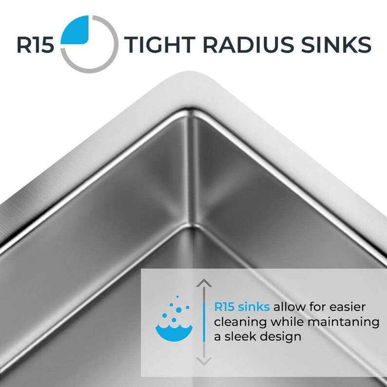 Puede incluir: Primer plano de un fregadero de cocina de acero inoxidable con una esquina de radio ajustado. El fregadero est&aacute; dise&ntilde;ado para facilitar la limpieza mientras se mantiene un dise&ntilde;o elegante. El texto "R15 sinks allow for easier cleaning while maintaining a sleek design" es visible en la imagen.
