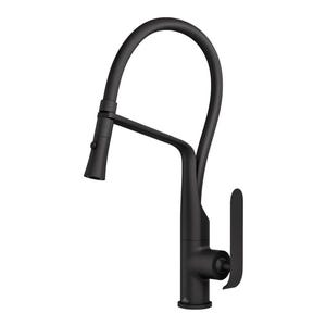 May include: A black kitchen faucet with a high arc spout and a single lever handle. The faucet has a pull-down sprayer and a swivel spout.
