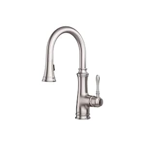 May include: A brushed nickel kitchen faucet with a pull-down sprayer and a lever handle.