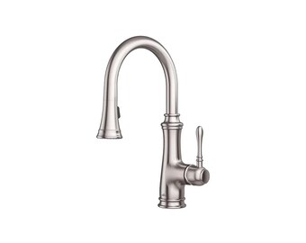 May include: A brushed nickel kitchen faucet with a pull-down sprayer and a lever handle.