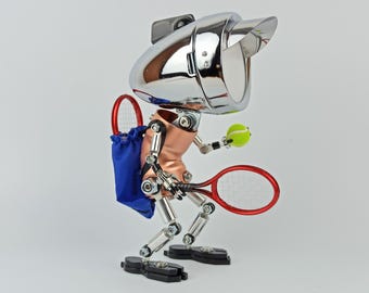 Roboterlampe als Tennisspieler – Gelenkige Steampunk Schreibtischlampe, Metallkunst