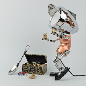 Robot Desk Lamp - Handmade Fully Poseable Robot Desk Light, Metal Art, Industrial Steampunk Home and Office Decor, Unique Table Lamp