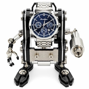 May include: A unique robot sculpture featuring a wristwatch with a blue face and silver band as its head. The robot's body is constructed from black and silver metal components, with articulated arms and legs. The watch face reads "Boedegar".