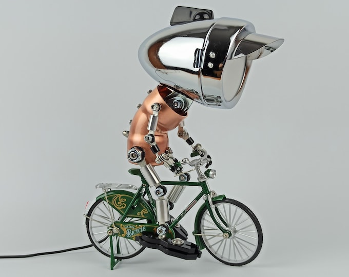 Handcrafted Cyclist Robot Lamp: Fully Poseable Steampunk Desk Light, Metal Art