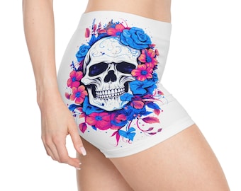 Skull Women's Shorts, Gothic Yoga Shorts, Halloween Workout Clothes, Skeleton Print Athletic Bottoms, Spooky Activewear