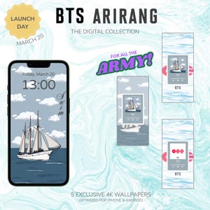 Può includere: Raccolta digitale di sfondi 4K per iPhone e Android. Il design presenta una barca a vela su un mare blu con nuvole, con il testo "BTS ARIRANG" e "FOR ALL THE ARMY!" visualizzati.