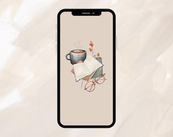 Cozy Cafe Aesthetic Phone Wallpaper | Neutral Book, Coffee Design (Digital Download)
