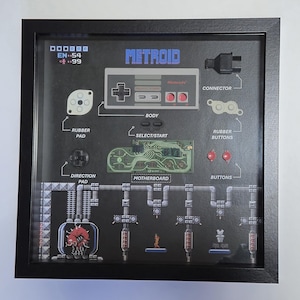 May include: Framed artwork featuring a deconstructed Metroid video game controller and motherboard on a black background. The word "METROID" is displayed in blue. Various controller components are labeled, including "RUBBER PAD" and "BUTTONS."