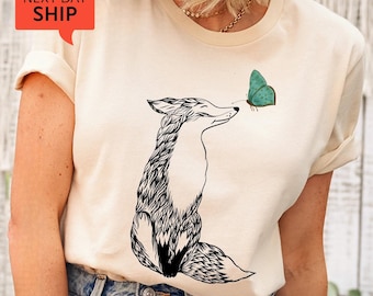 Fox and Butterfly Shirt, Animal Nature Tee, Gift For Mom, Nature Lover Tee, Hand Drawn Graphic Tee, Soft Fitted Shirts for Women, Fox Lover