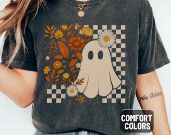 Comfort Colors Checkered Ghost Shirt, Floral Halloween Tee