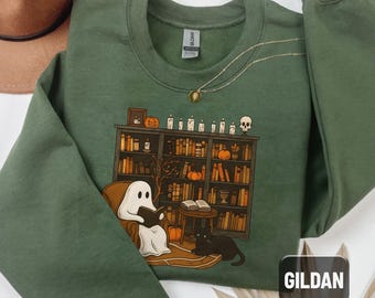 Retro Ghost Reading Sweatshirt, Librarian Halloween Shirt