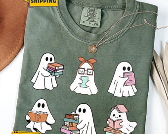 Comfort Colors Ghost Reading Book T-shirt, Girly Halloween Tee