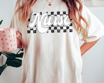 Checkered Nurse Shirt, Comfort Colors Retro RN Tee