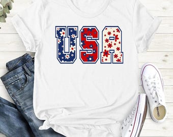 Camiseta floral de EE. UU., camiseta para mujer del Día de la Independencia, top patriótico con la bandera estadounidense.
