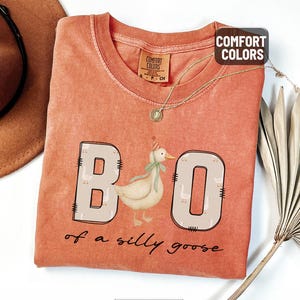 May include: A coral-colored t-shirt with the phrase "BOO of a silly goose" in black script. The "BOO" letters are outlined in beige and filled with goose illustrations. A cartoon goose wearing a party hat and bow tie is in the center.