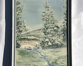 Original 1970s Winter Landscape Oil Painting, Framed Snowy Pine Tree Impasto Art, Vintage Signed, Cabin Core Wall Decor 15.5x19.75