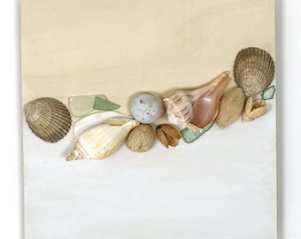 Sea Shell & Glass Collage Art – Coastal Beach House Decor, 10x10