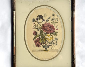 Vintage Shabby Chic Framed French Botanical Floral Print, Distressed French Country Wall Decor 8.5x10.5, Cottagecore Urn Bouquet Art