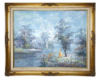Henri Dubois French Impressionist Seascape Oil Painting, Lady by Lake, Gilt Frame