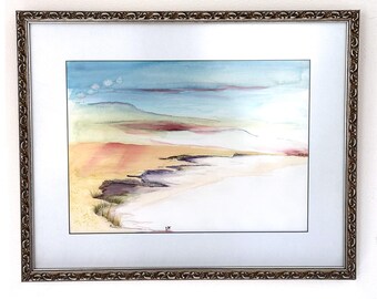 Framed Coastal Watercolor Painting, Serene Beach Seascape, Champagne Silver Frame, free shipping
