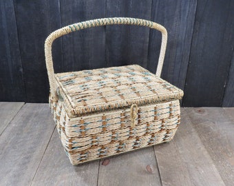 Vintage Tan Wicker Sewing Basket, Midcentury Sewing Storage, Japan USB61