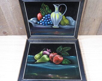 Vintage Black Velvet Fruit Oil Painting, Mid-Century Kitchen Artwork, Framed