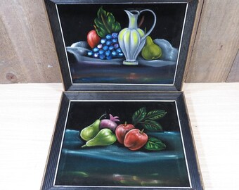 Vintage Black Velvet Oil Painting Fruit Still Life Pair 1970s Kitschy Kitchen / Dining Room / Food Framed Artwork