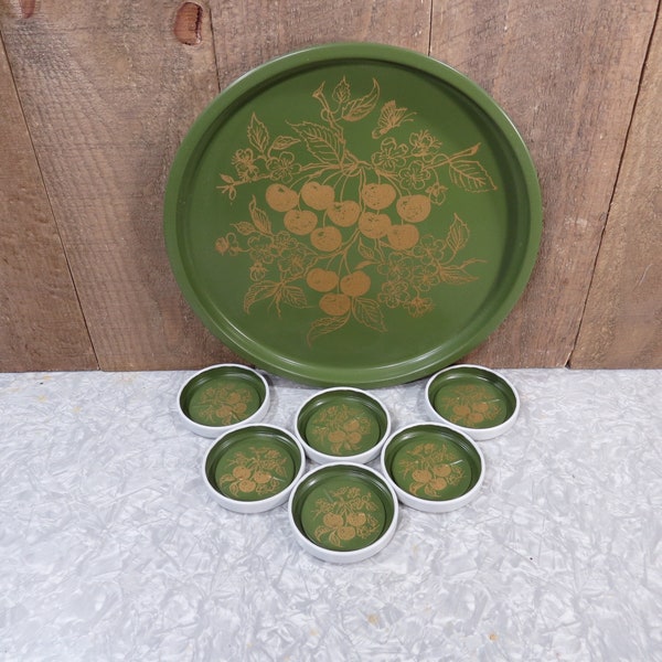 Vintage Avocado Green with Gold Cherry Serving Tray and Matching Drink Holders 1970s Retro Set