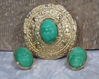 Vintage Egyptian Revival Green Scarab Brooch & Earrings Set